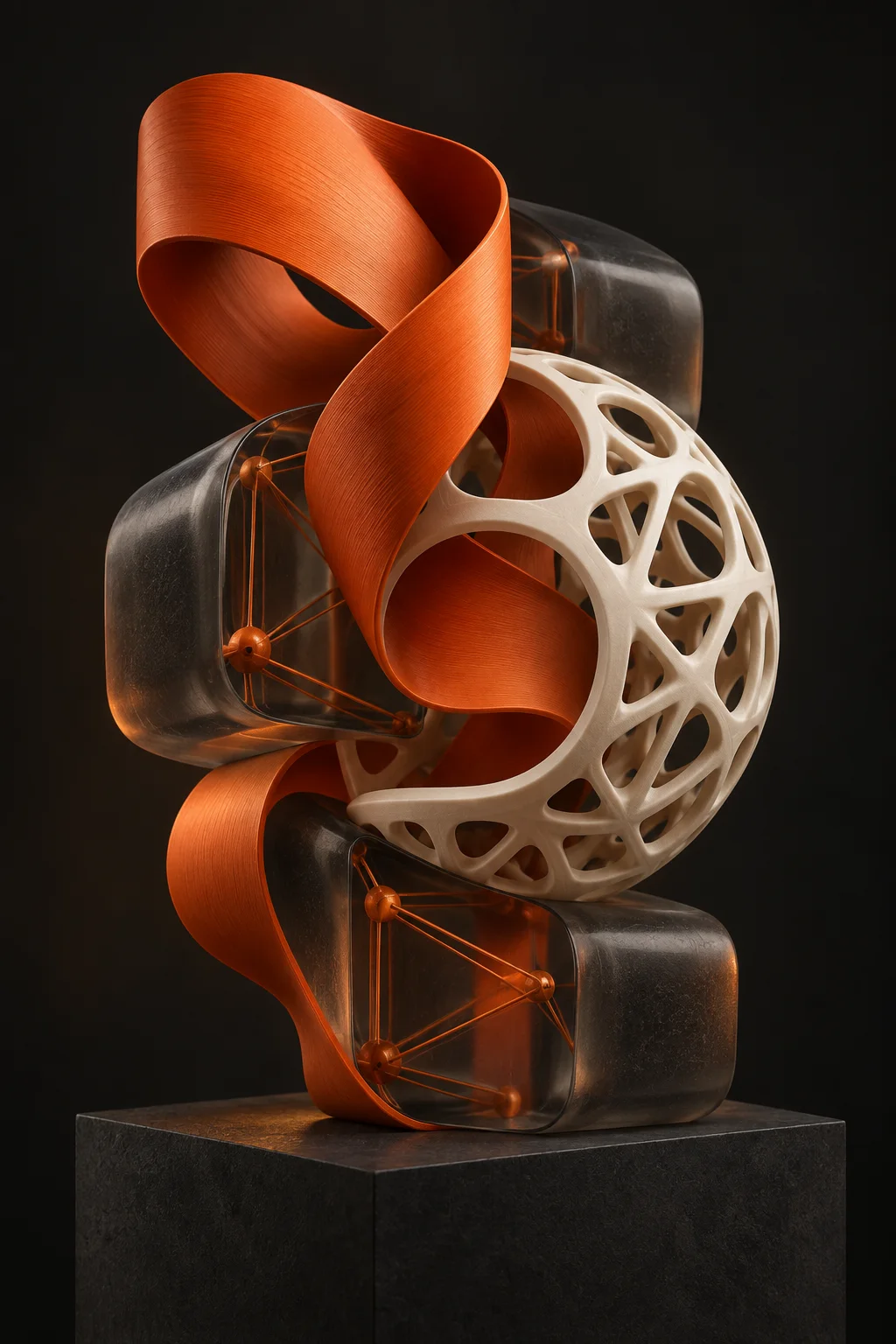 Composition originale mêlant formes numériques et matières sculptées